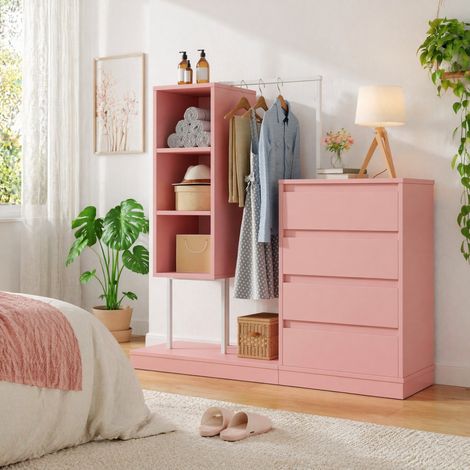 Armario de almacenamiento con barra para colgar, 4 cajones, rosa y blanco DESVIAE (1/5)