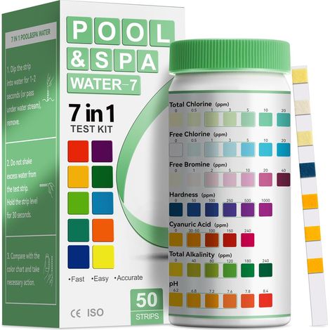 Lot de Bandelettes de Test 7 en 1 pour Piscine et Spa Mesure Précise du Brome de l'Acide Total, du pH, du Chlore Libre, de la Dureté de l'Eau, de l'Acide Cyanurique et du Chlore Total (1/5)