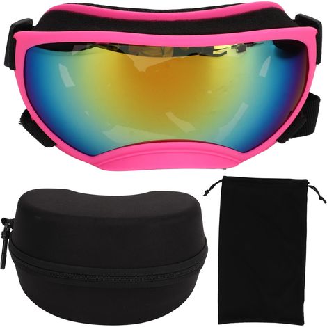 Lunettes de protection rose pour chien, monture rose, anti-UV, anti-vent, respirantes, sangle ajustable, verres rouges, idéales pour extérieur. (1/5)