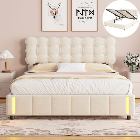 Lit coffre 140x190 cm avec rangement, Lit double 140x190 cm avec sommier LED, Lit capitonne Lit adulte, Velours, Beige (1/5)