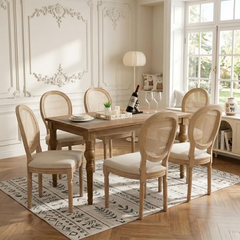 Lot de 6 Chaises en Rotin, Chaises Dossier en cannage confortable - cadre en bois massif avec finition vieillie - assise rembourrée en lin, Beige
