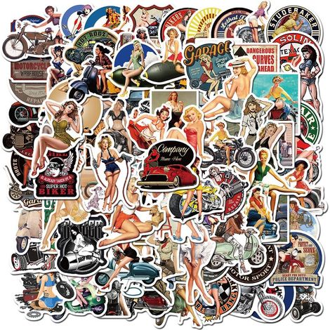 Ensemble d'autocollants vintage, 100 autocollants de fille rétro, autocollants de pin-up en vinyle imperméable pour ordinateur portable, valise, moto, planche à roulettes, voiture (1/5)