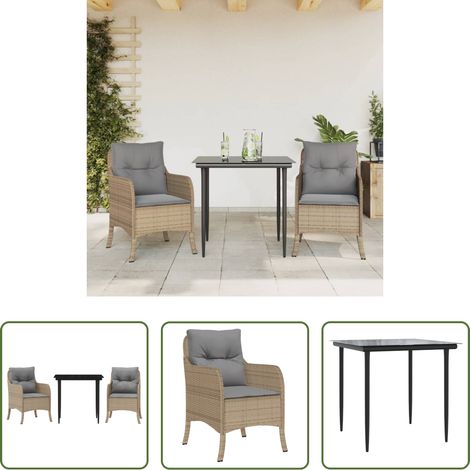 vidaXL Gartentisch - 3-tlg. Garten-Essgruppe mit Kissen Beige Poly Rattan (1/5)