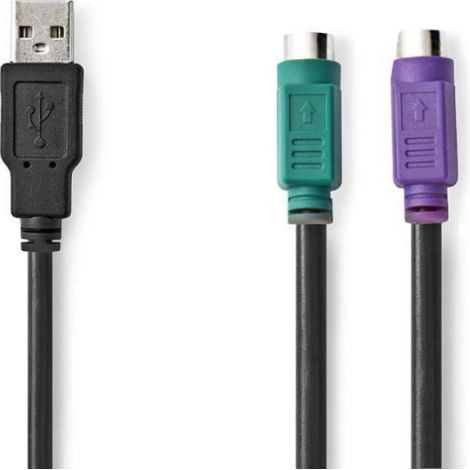 Câble USB 2.0 USB-A Mâle vers 2x PS/2 Femelle - 0,30 m - Plaqué Nickel - PVC Noir (1/2)