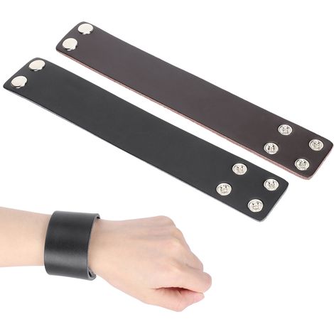 2Pcs Punk Wristband Retro Hand‑Made Top‑Grain Leather Adjustable Bracelets Black + Brown (1/5)