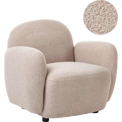 Fauteuil Rétro en Bouclé Dossier et Accoudoirs Arrondis Pieds en Plastique Beige Jule (1/5)
