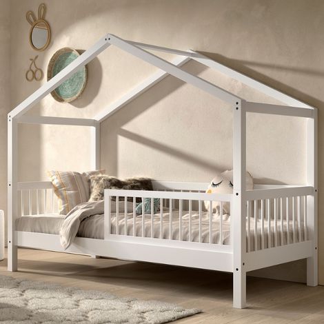 Lit cabane Forrest 90x200cm avec barrière - bois de hêtre blanc
