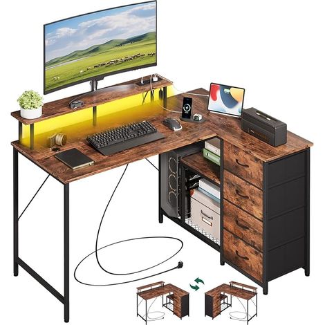 Bureau d'angle avec 4 Tiroirs en Tissu, 135 x 100 cm, Marron (1/5)