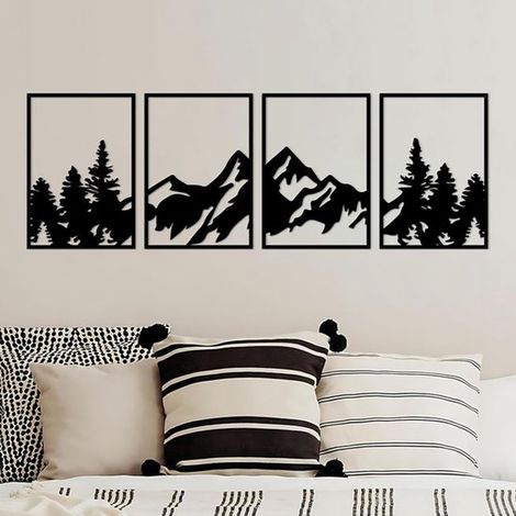 4 décorations murales avec silhouettes de montagnes et de forêts - Décoration murale - Décoration murale pour salon - Décoration murale en métal - Noir - IronBlack (1/5)