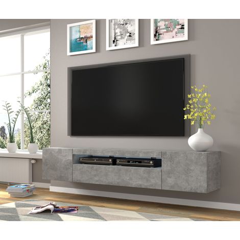TV-Schrank AURA 200x37x42 Lowboard, hängend oder stehend, universelle TV-Unterschrank, Fernsehschrank, HiFi-Tisch in Betonfarbe mit LED-Beleuchtung