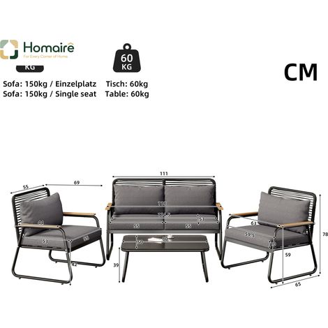 HOMAIRE Garten-Lounge-Set für 4 Personen mit verzinktem Eisen-Gestell, gehärteter Glas-Tischplatte, verstellbaren Beinen und Sitz- sowie Rückenkissen, schwarz (1/5)