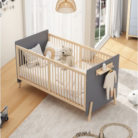 Lettino per bambini 70x140 cm in legno, regolabile in 3 altezze, trasformabile in lettino per co-sleeping o panca blu-grigia