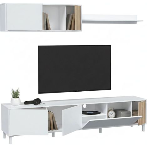 Dmora - TV-Schrank Woonsocket, Wohnzimmerschrank mit Türen, Hängeschrank mit Regal, Mehrzweck-Sideboard, 200 x 40 x 47 cm, Weiß und Eiche