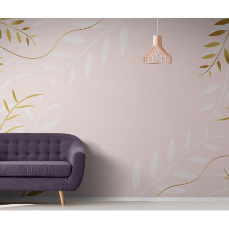 Papier Peint Floral - Rameaux Dorés sur Fond Rose - 150 x 250 cm (1/2)