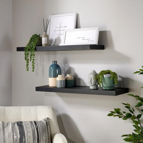 Pair Floating Wall Mounted Storage Shelf Wooden 80cm DVD Bookshelves Matt Black (1/5)