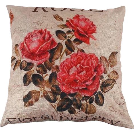 Housse de coussin décorative vintage à motif floral en lin (3 roses) pour canapé ou maison (1/5)