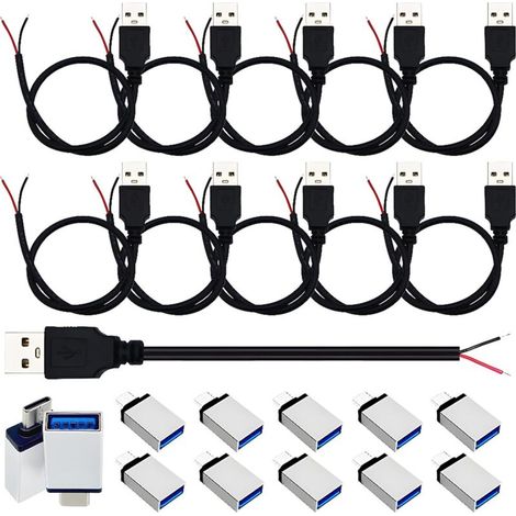 Câble USB 2.0 mâle à fil nu, cordon d'alimentation USB 22AWG et adaptateurs 10 kits, Câble d'alimentation Pigtail à 2 conducteurs DIY 0,3 M/1 pi pour le chargement de l'appareil uniquement (1/5)
