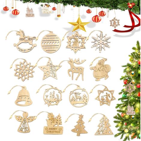 Ornement En Bois - Décoration De Noël Pour Arbre - Formes Variées - 7 x 7 cm - Naturel - Lot De 16 Pièces (1/5)