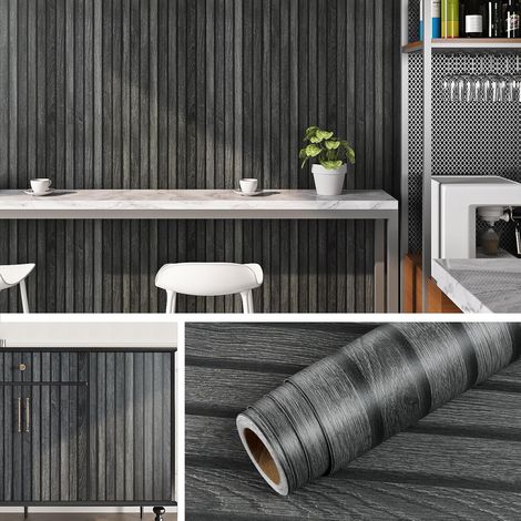 Papier Peint Tasseau de Bois Noir Papier Peint Adhesif Mural Noir Mat Chambre Salon Lavable Revetement Mural Adhesif Effet Bois 3D Salle de Bain Papier Adhesif pour Meuble Bois Noir 40CMx2M (1/5)