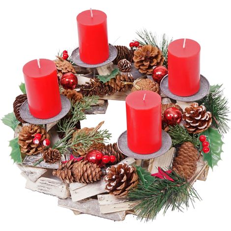 [NON UTILIZZATO] Portacandele circolare avvento natalizio HHG-492 33cm legno e metallo con 4 candele