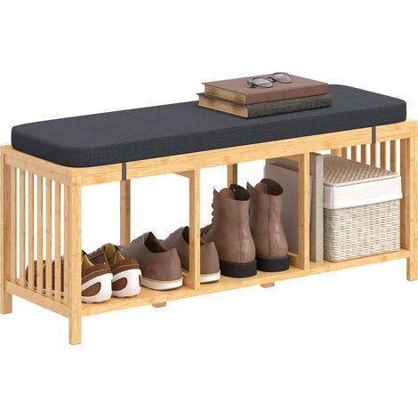Banc à chaussures en bambou, banc d'entrée avec coussin d'assise rembourré et étagère ouverte, aspect bois naturel (1/5)