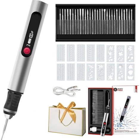 Complete Electric Engraving Kit – The Engraver with Pen Cap, Electric Engraving Pen with 30 Tips and 16 Templates for DIY on Metal, Wood, Glass, Plastic and Stone (1pc)