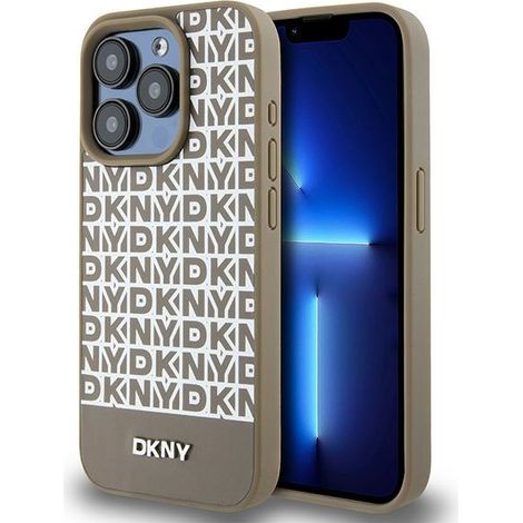 Étui en cuir marron DKNY pour iPhone 15 Pro avec logo métallique et MagSafe (1/5)