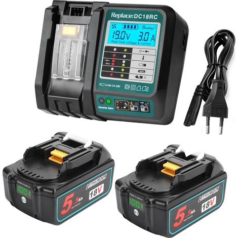 2X 18V 5.5Ah Batteries avec Chargeur DC18RC Kit Compatible avec BL1860B/BL1850B/BL1850/BL1860/BL1830/BL1840/BL1815/BL1430/DC18RD/DC18RA/DC18SF,Écran LCD Ventilateur intégré (1/5)
