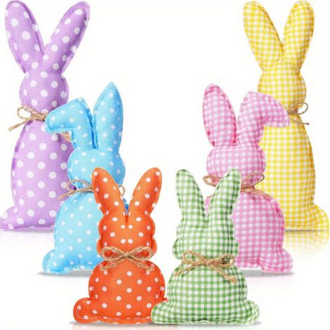 Décoration Lapin De Pâques - Ornements Accrochés Ou Sur Pied En Coton - Style Rustique Pastel - 6 Pièces (1/5)