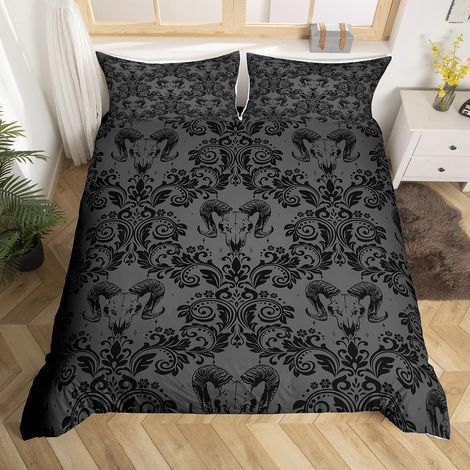 Housse de Couette 220x240cm Noir Gris Damasc Parure de Lit Tête de chèvre Bohème Ensemble de literie Gothique Vintage Victorien Baroque Floral Literie Set (1/5)