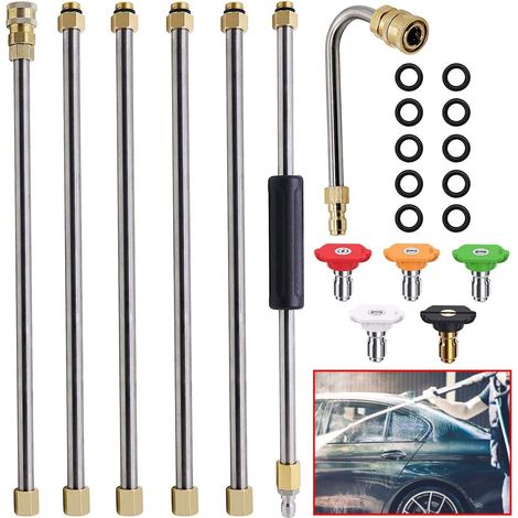 6PCS Ensemble de Baguettes d'extension pour Nettoyeur Haute Pression 4000PSI 1/4 Pouce Baguette de Rechange de 8 Pieds à Connexion Rapide avec Embouts de buse 5PCS (0、15、25、40、65 °) (1/5)