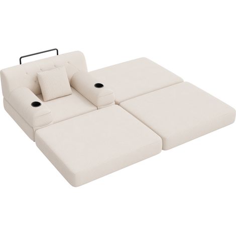 Poltrona letto singola in velluto a coste beige con poggiapiedi, portabicchieri e tasche (1/5)