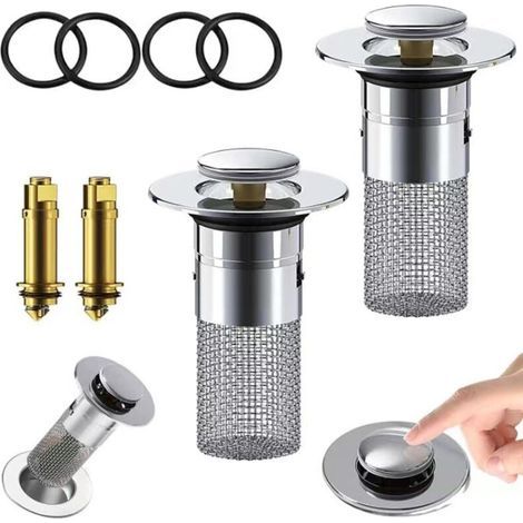 2 pezzi di scarico universale a scomparsa per lavabo, filtro di scarico in acciaio inox, tappo anti-intasamento per lavabo con filtro per vasca da bagno, cucina, lavello (1/5)