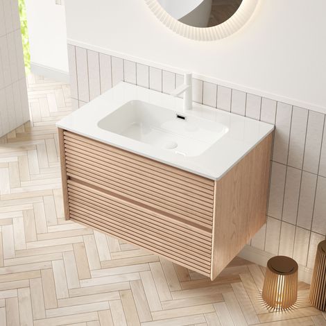 Mueble de lavabo suspendido de madera contrachapada color nogal natural con lavabo cerámico blanco, 81 cm, 2 cajones