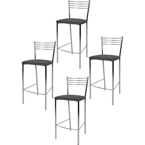 Tommychairs - Set 4 sgabelli alti modello Elena per cucina e bar, struttura in acciaio cromato e seduta imbottita e rivestita in pelle artificiale colore grigio scuro (1/5)