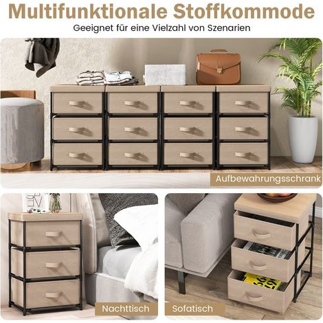 3-stöckiger Nachttisch mit Stoffschubladen und Metallgestell, braun