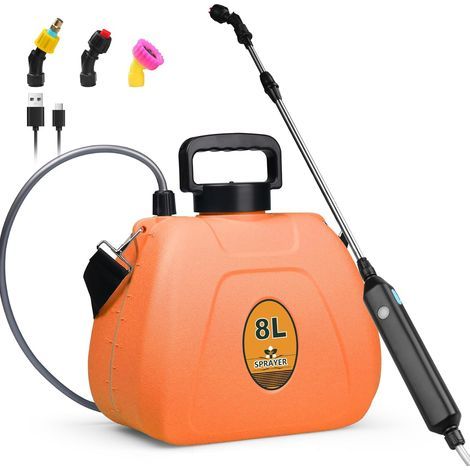 Elektrisches Rückensprühgerät mit 8 Litern Fassungsvermögen, Teleskoplanze und 3 Düsen, 1500-mAh-Akku – für Garten, Unkrautbekämpfung, Dachreinigung, Terrasse und Auto (Orange) (1/5)
