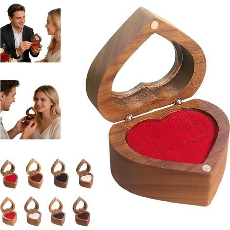 Verlobungsringkästchen aus Holz für Schmuck, kleine Vintage-Aufbewahrungsboxen aus Holz für Hochzeit, Verlobungsgeschenk, Zeremonie, Valentinstag, Heiratsantrag (rot - Doppelfach) (1/5)