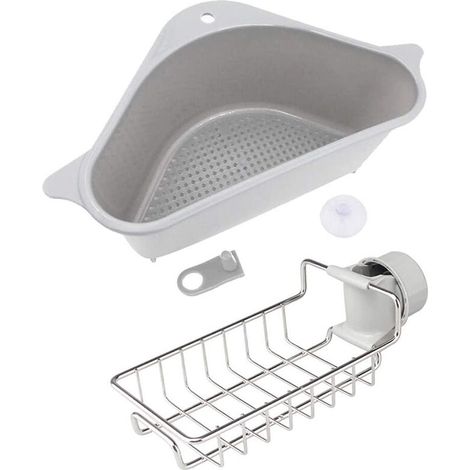 Ensemble comprenant une crépine d'évier, un panier de crépine et un porte-éponge de cuisine en métal, ainsi qu'un bac de rangement pour évier avec ventouse. (1/5)