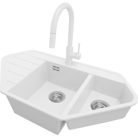 PRIMAGRAN Evier d'angle en Granit 90x50cm, Lavabo Cuisine 1,5 bacs + Kit de Vidage + Accessoire, Évier à Encastrer au meuble 80cm - Copenhague Corner, Blanc