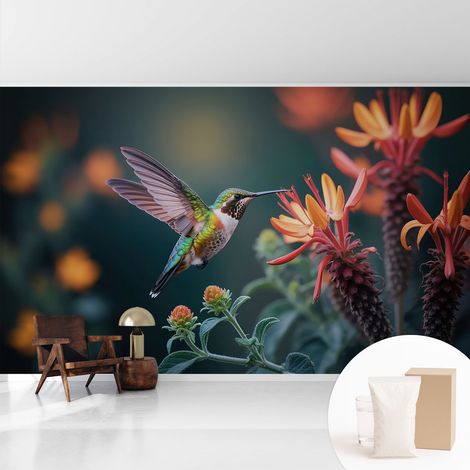 Papier peint intissé décoratif pour chambre et salon Design moderne à poser facilement - Colle incluse gratuite Fleurs de colibri 416x254 cm (1/5)