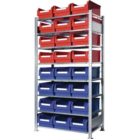 Steckregal H2000xB1000xT500mm Grundregal 8 Stahlböden 12 x Gr. 2 blau, 12 x Gr. 2 rot