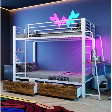 Litera de 90x200 cm con escritorio, iluminación LED y cajón de almacenamiento para dormitorio, estructura de metal y MDF - Blanca (1/5)