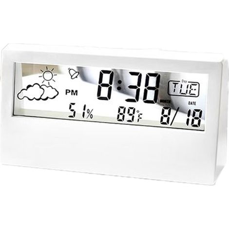 1 Reloj despertador digital, pantalla LCD, termómetro, pronóstico del tiempo, alarma, funciona con pilas, ideal para la oficina o el dormitorio. (1/5)