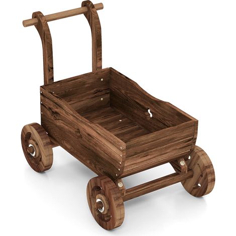 Chariot décoratif marron en bois avec poignée, 2 roues et trou de drainage pour jardin, terrasse et intérieur (1/5)