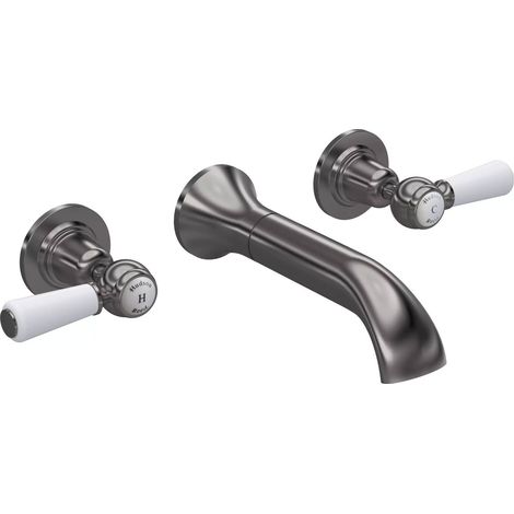 Hudson Reed White Topaz Wall Mounted Lever 3-Hole Basin Mixer Tap - Brushed Pewter (1/2)