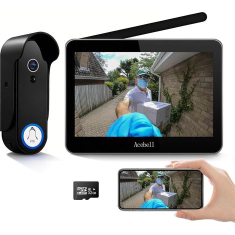 1080P WiFi Visiophone Sans Fil,Interphone Vidéo Sans Fil avec Écran Tactile 7'', Étanche Sonnette de Camera ave Batterie Rechargeable, Vision Nocturne, PIR Détection de Mouvement, Contrôle APP (1/5)