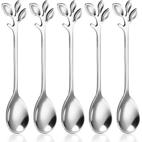 Set de 5 cuillères à Cuillères à café et à Cuillères à café Longziming – Cuillères à dessert inoxydable – Motif feuille – Argent – Accessoire de Cuisine (1/5)