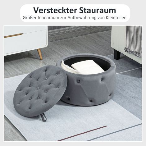 Tabouret rond gris avec rangement, design capitonné à boutons, revêtement aspect velours, 60 x 60 x 40 cm (1/5)