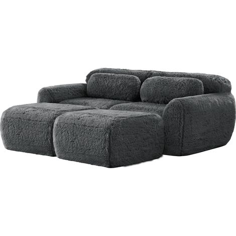 Divano modulare senza montaggio in tessuto felpato grigio con 2 pouf, 2 posti (1/5)